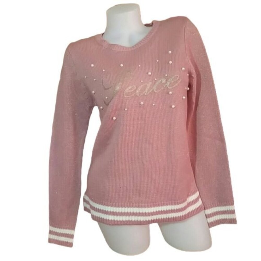 Holiday Time Peace Holiday Sweater Dusty Pink and Gold Womens Size Small